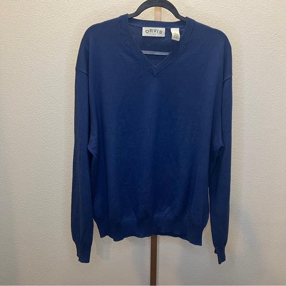 Orvis Blue V Neck Cotton Silk Cashmere Blend Sweater Size XL